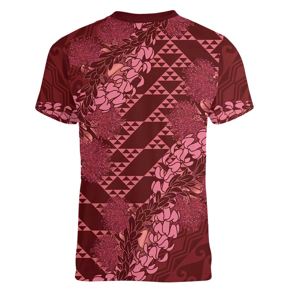 Maroon Aloha Hawaii Women V-Neck T-Shirt Hawaiian Kakau Ohia Lehua Lei - Polynesian Pride