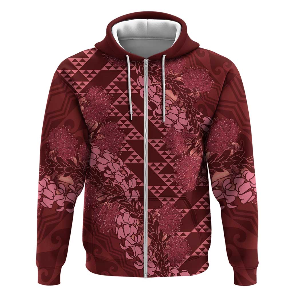 Maroon Aloha Hawaii Zip Hoodie Hawaiian Kakau Ohia Lehua Lei - Polynesian Pride