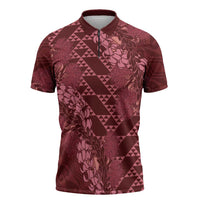 Maroon Aloha Hawaii Zipper Polo Shirt Hawaiian Kakau Ohia Lehua Lei - Polynesian Pride