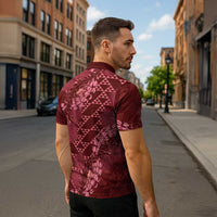 Maroon Aloha Hawaii Zipper Polo Shirt Hawaiian Kakau Ohia Lehua Lei - Polynesian Pride