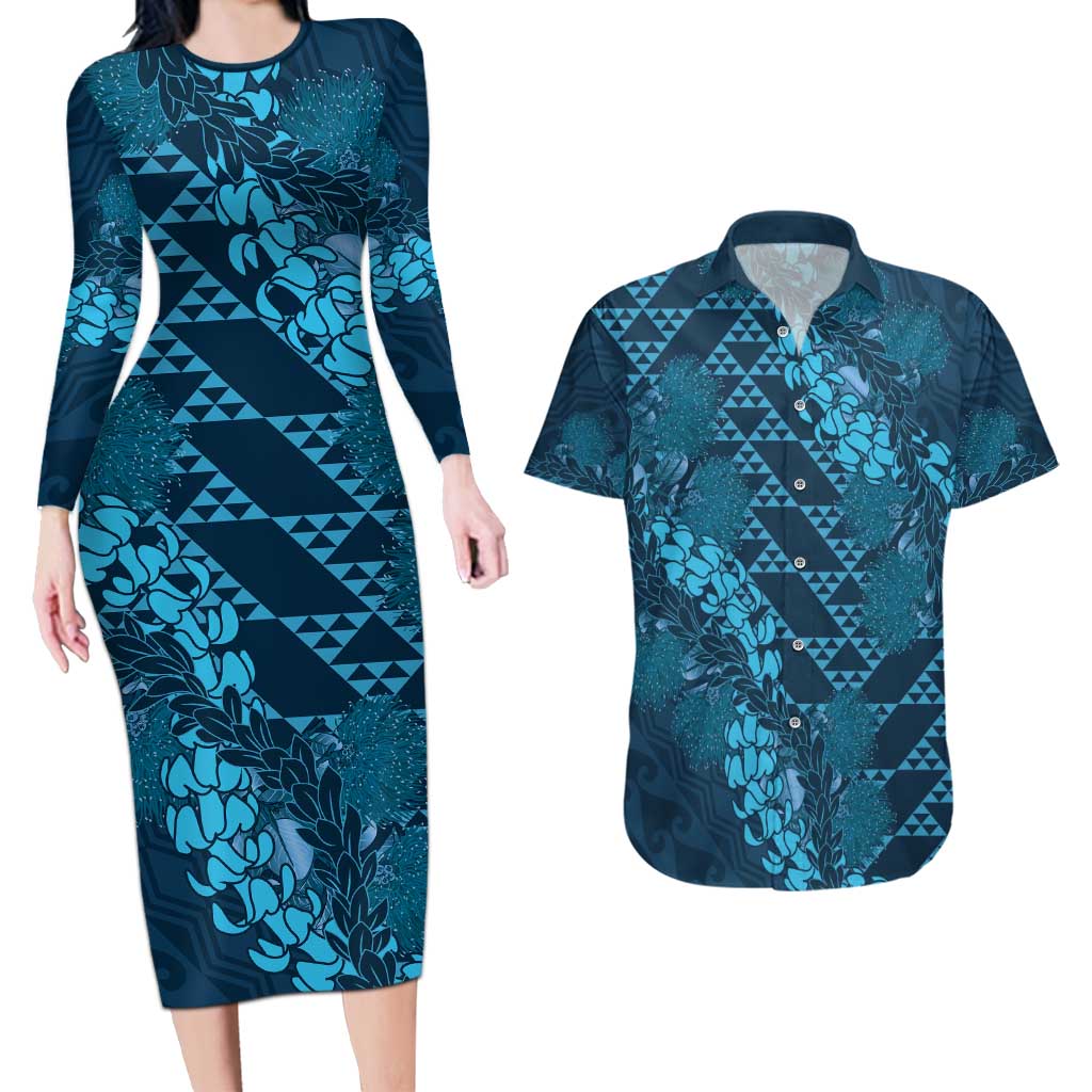 Naval Night Aloha Hawaii Couples Matching Long Sleeve Bodycon Dress and Hawaiian Shirt Hawaiian Kakau Ohia Lehua Lei - Polynesian Pride