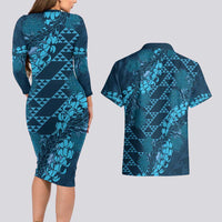 Naval Night Aloha Hawaii Couples Matching Long Sleeve Bodycon Dress and Hawaiian Shirt Hawaiian Kakau Ohia Lehua Lei - Polynesian Pride