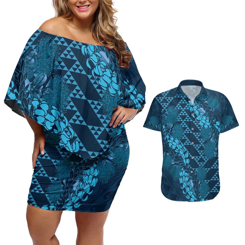 Naval Night Aloha Hawaii Couples Matching Off Shoulder Short Dress and Hawaiian Shirt Hawaiian Kakau Ohia Lehua Lei - Polynesian Pride