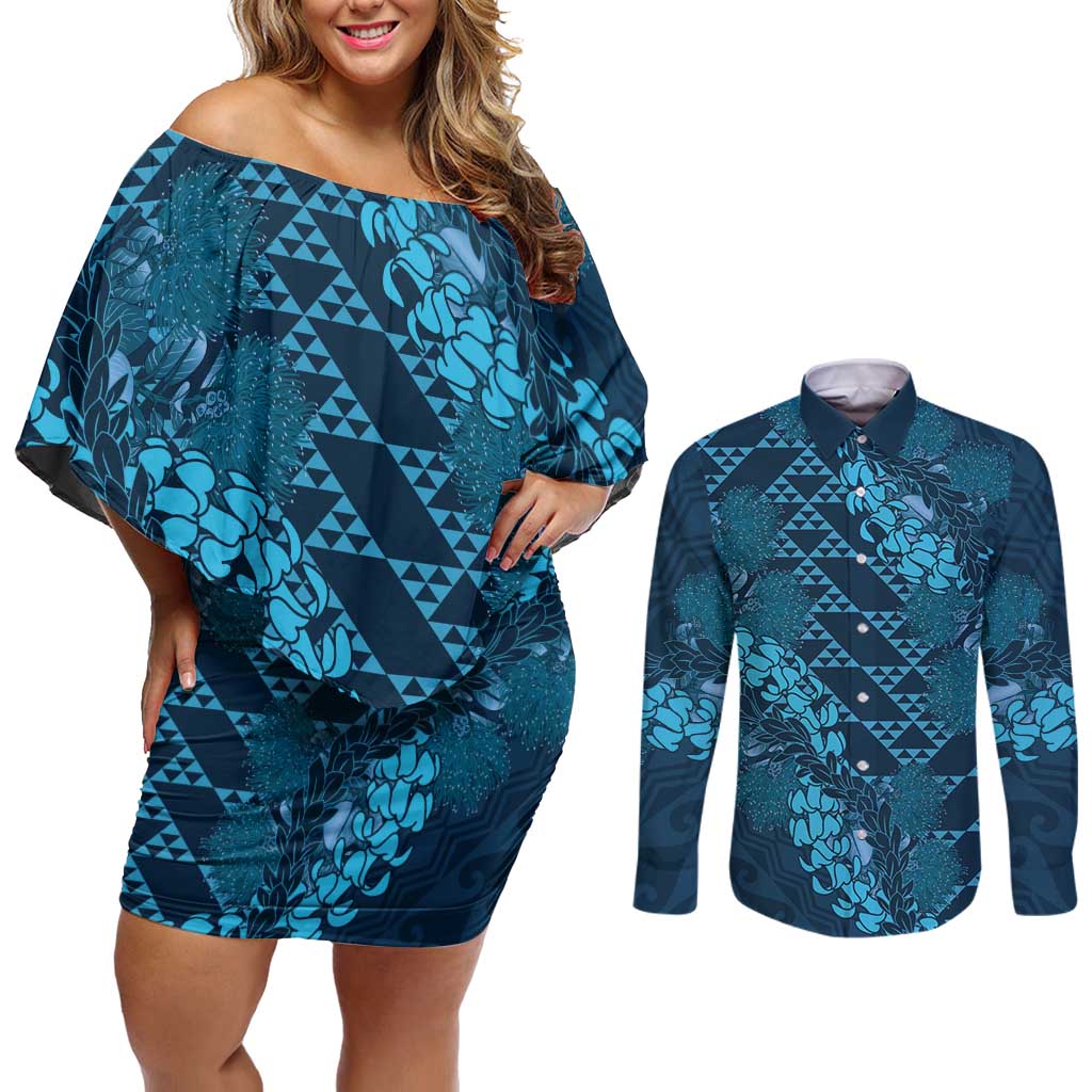 Naval Night Aloha Hawaii Couples Matching Off Shoulder Short Dress and Long Sleeve Button Shirt Hawaiian Kakau Ohia Lehua Lei - Polynesian Pride