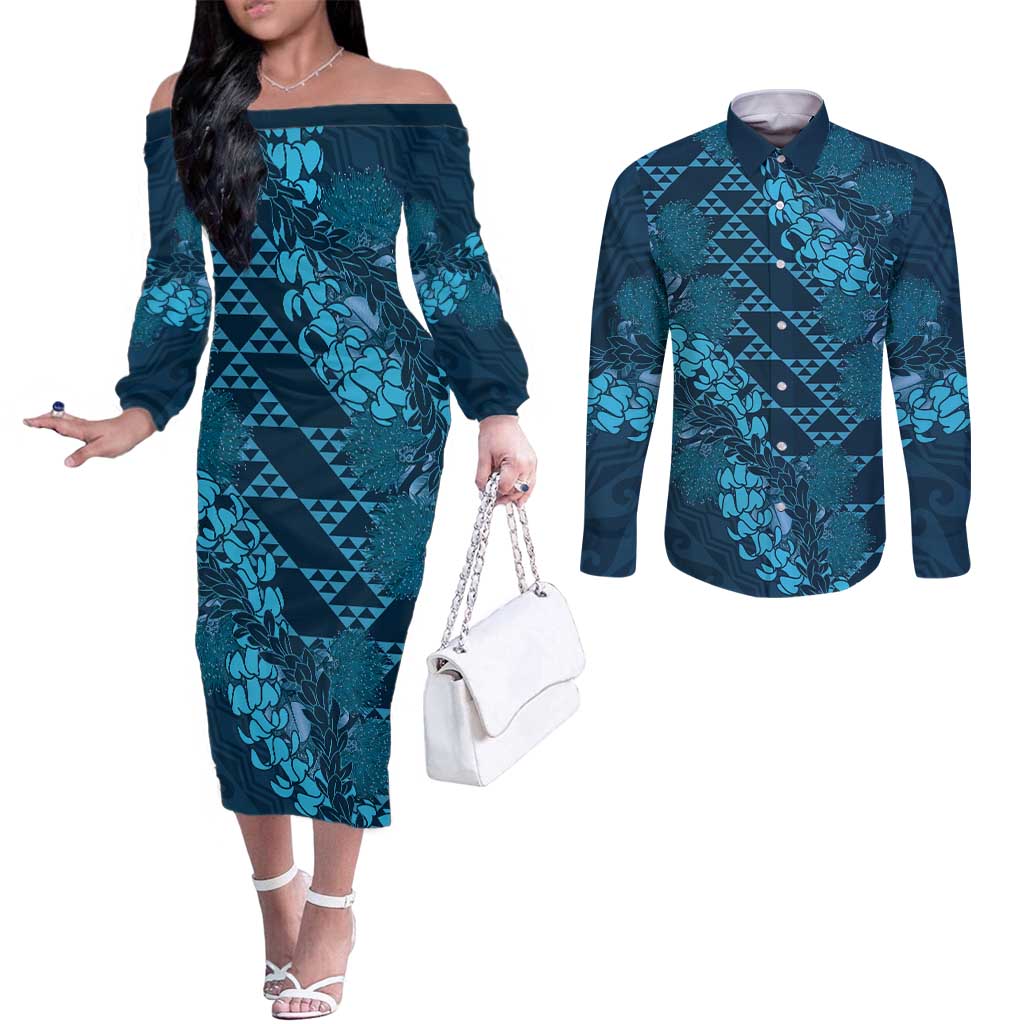 Naval Night Aloha Hawaii Couples Matching Off The Shoulder Long Sleeve Dress and Long Sleeve Button Shirt Hawaiian Kakau Ohia Lehua Lei - Polynesian Pride