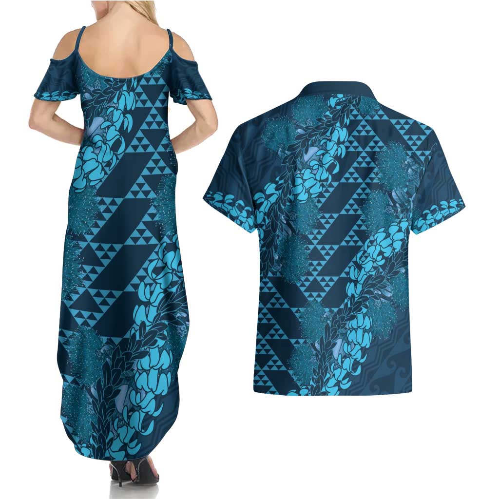 Naval Night Aloha Hawaii Couples Matching Summer Maxi Dress and Hawaiian Shirt Hawaiian Kakau Ohia Lehua Lei - Polynesian Pride