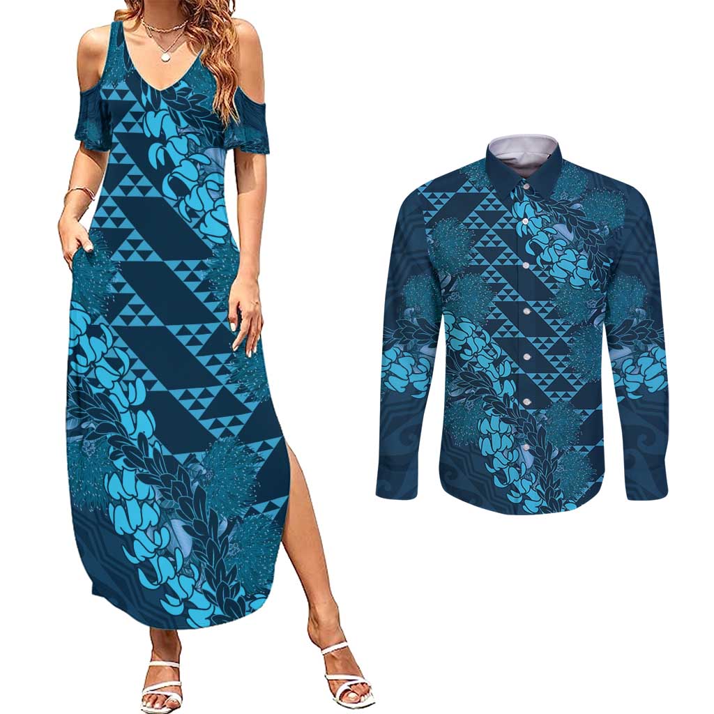 Naval Night Aloha Hawaii Couples Matching Summer Maxi Dress and Long Sleeve Button Shirt Hawaiian Kakau Ohia Lehua Lei - Polynesian Pride
