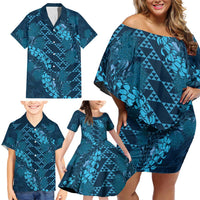 Naval Night Aloha Hawaii Family Matching Off Shoulder Short Dress and Hawaiian Shirt Hawaiian Kakau Ohia Lehua Lei - Polynesian Pride