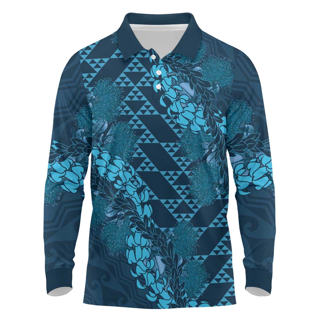 Naval Night Aloha Hawaii Long Sleeve Polo Shirt Hawaiian Kakau Ohia Lehua Lei - Polynesian Pride