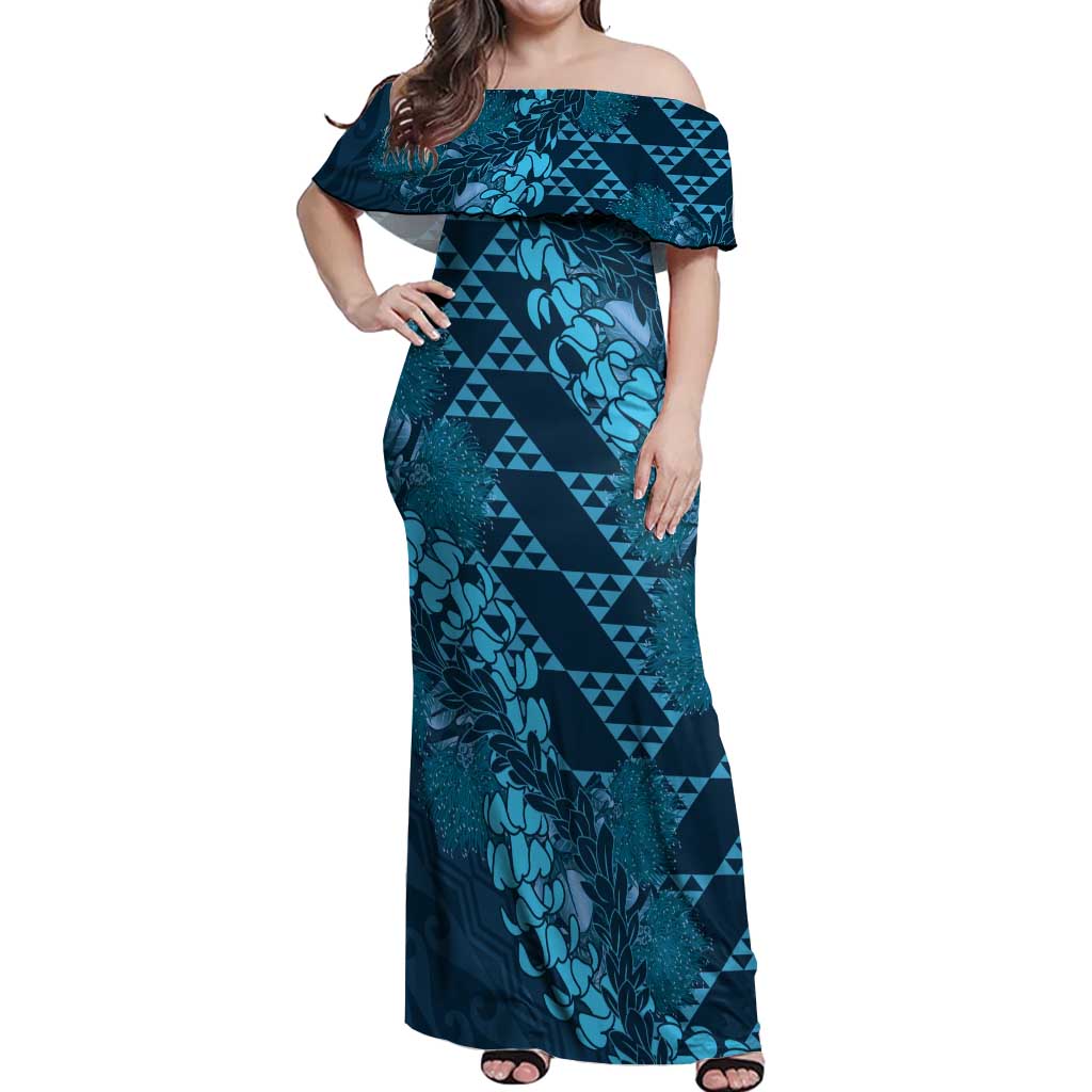 Naval Night Aloha Hawaii Off Shoulder Maxi Dress Hawaiian Kakau Ohia Lehua Lei - Polynesian Pride
