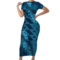 Naval Night Aloha Hawaii Short Sleeve Bodycon Dress Hawaiian Kakau Ohia Lehua Lei - Polynesian Pride