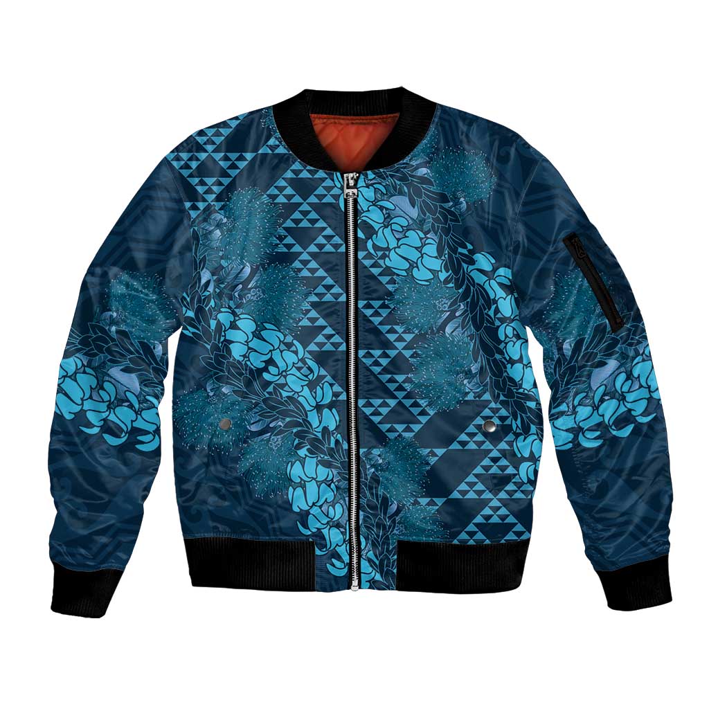 Naval Night Aloha Hawaii Sleeve Zip Bomber Jacket Hawaiian Kakau Ohia Lehua Lei - Polynesian Pride