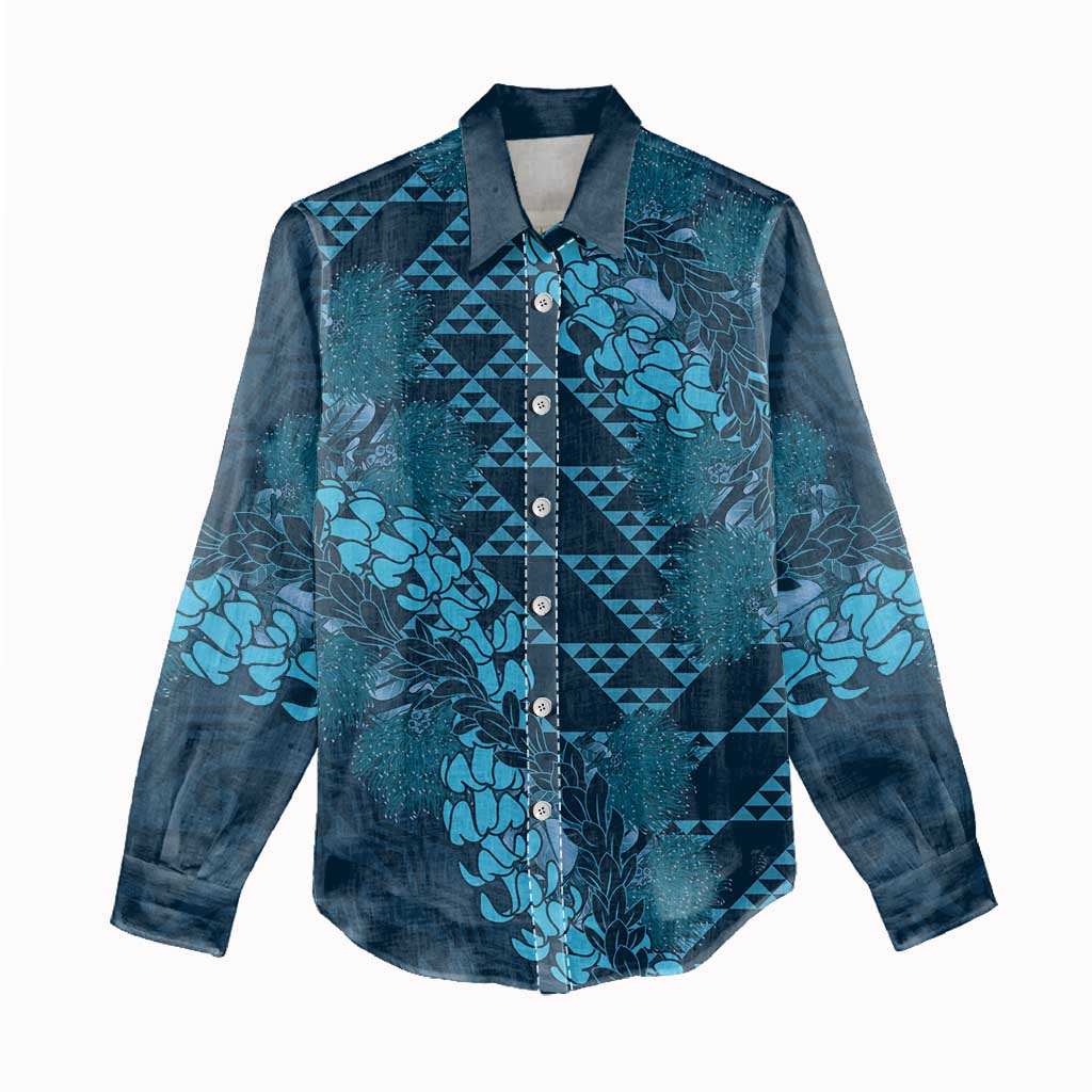 Naval Night Aloha Hawaii Women Casual Shirt Hawaiian Kakau Ohia Lehua Lei - Polynesian Pride