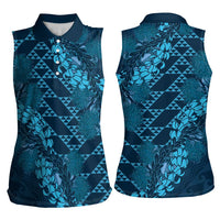 Naval Night Aloha Hawaii Women Sleeveless Polo Shirt Hawaiian Kakau Ohia Lehua Lei - Polynesian Pride