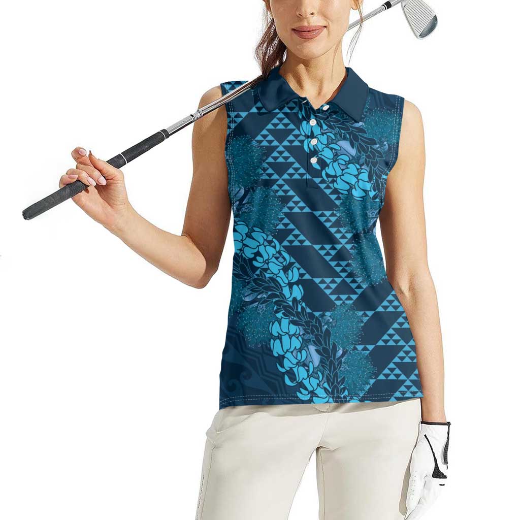 Naval Night Aloha Hawaii Women Sleeveless Polo Shirt Hawaiian Kakau Ohia Lehua Lei - Polynesian Pride