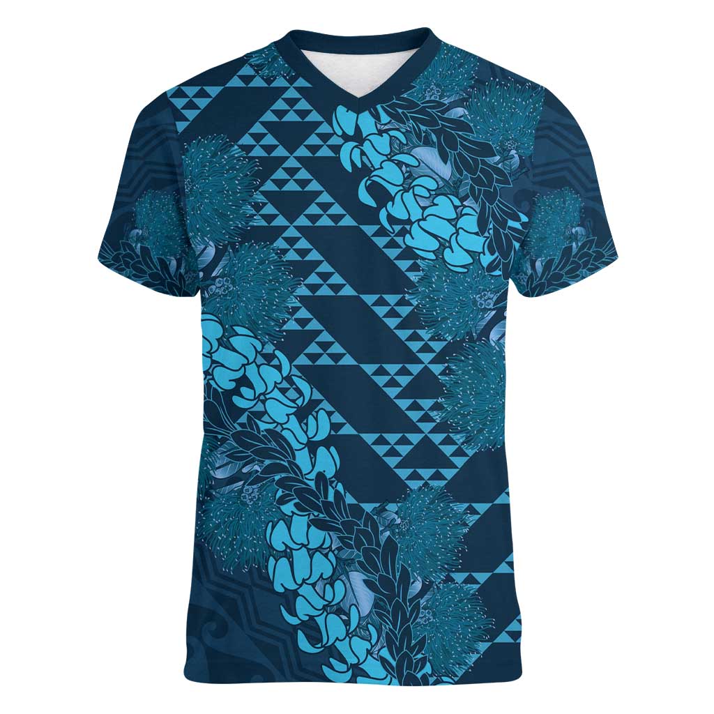 Naval Night Aloha Hawaii Women V-Neck T-Shirt Hawaiian Kakau Ohia Lehua Lei - Polynesian Pride