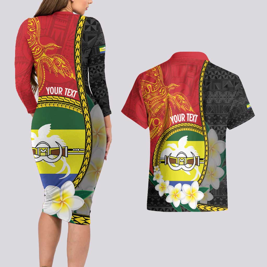 Personalised PNG Morobe Provins Couples Matching Long Sleeve Bodycon Dress and Hawaiian Shirt Papua New Guinea Plumeria Melanesian Pattern - Polynesian Pride
