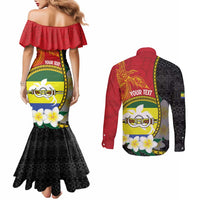 Personalised PNG Morobe Provins Couples Matching Mermaid Dress and Long Sleeve Button Shirt Papua New Guinea Plumeria Melanesian Pattern - Polynesian Pride