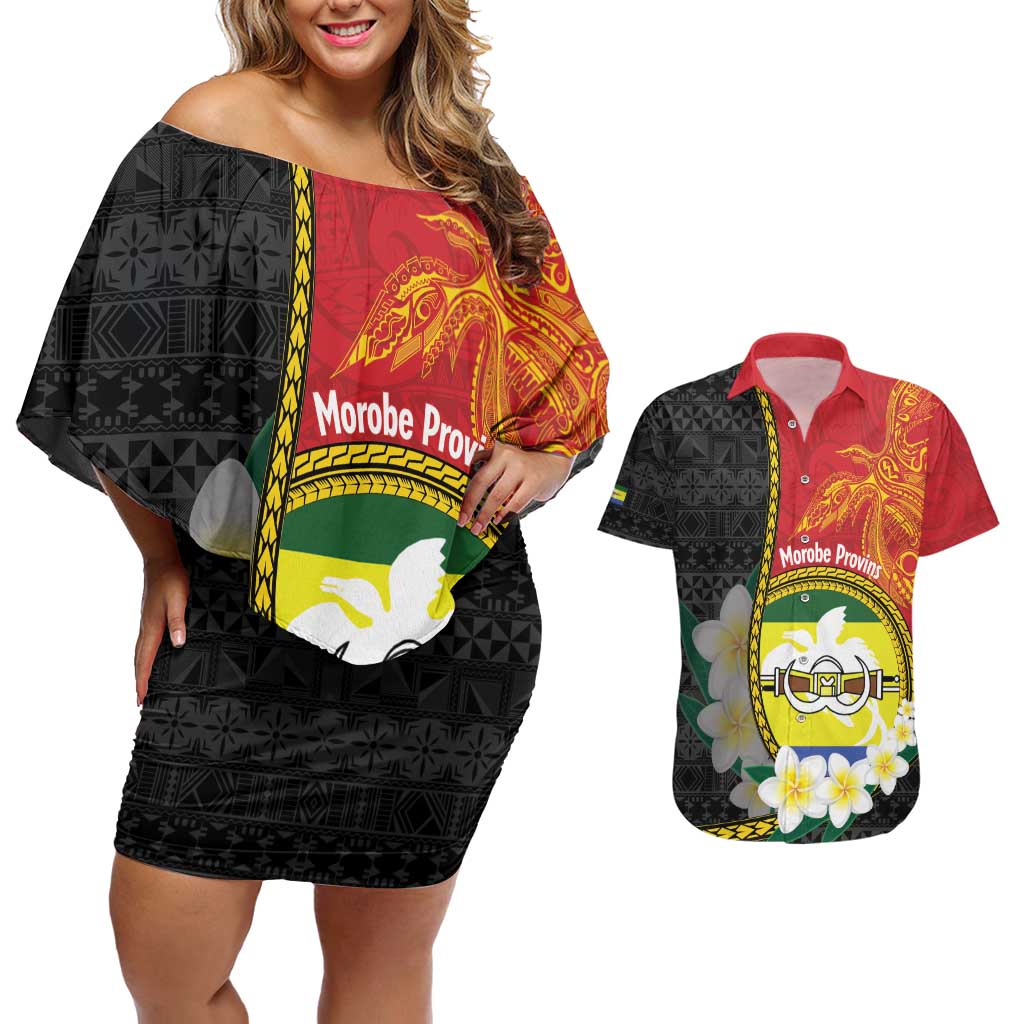 Personalised PNG Morobe Provins Couples Matching Off Shoulder Short Dress and Hawaiian Shirt Papua New Guinea Plumeria Melanesian Pattern - Polynesian Pride