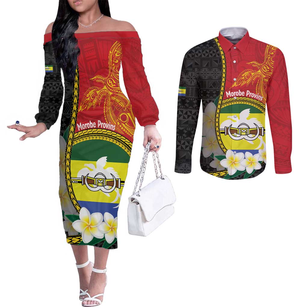 Personalised PNG Morobe Provins Couples Matching Off The Shoulder Long Sleeve Dress and Long Sleeve Button Shirt Papua New Guinea Plumeria Melanesian Pattern - Polynesian Pride