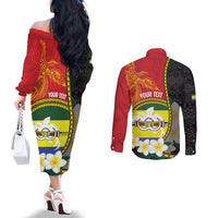 Personalised PNG Morobe Provins Couples Matching Off The Shoulder Long Sleeve Dress and Long Sleeve Button Shirt Papua New Guinea Plumeria Melanesian Pattern - Polynesian Pride