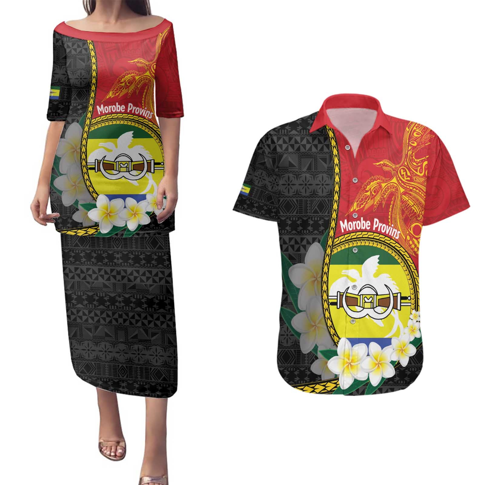 Personalised PNG Morobe Provins Couples Matching Puletasi and Hawaiian Shirt Papua New Guinea Plumeria Melanesian Pattern - Polynesian Pride