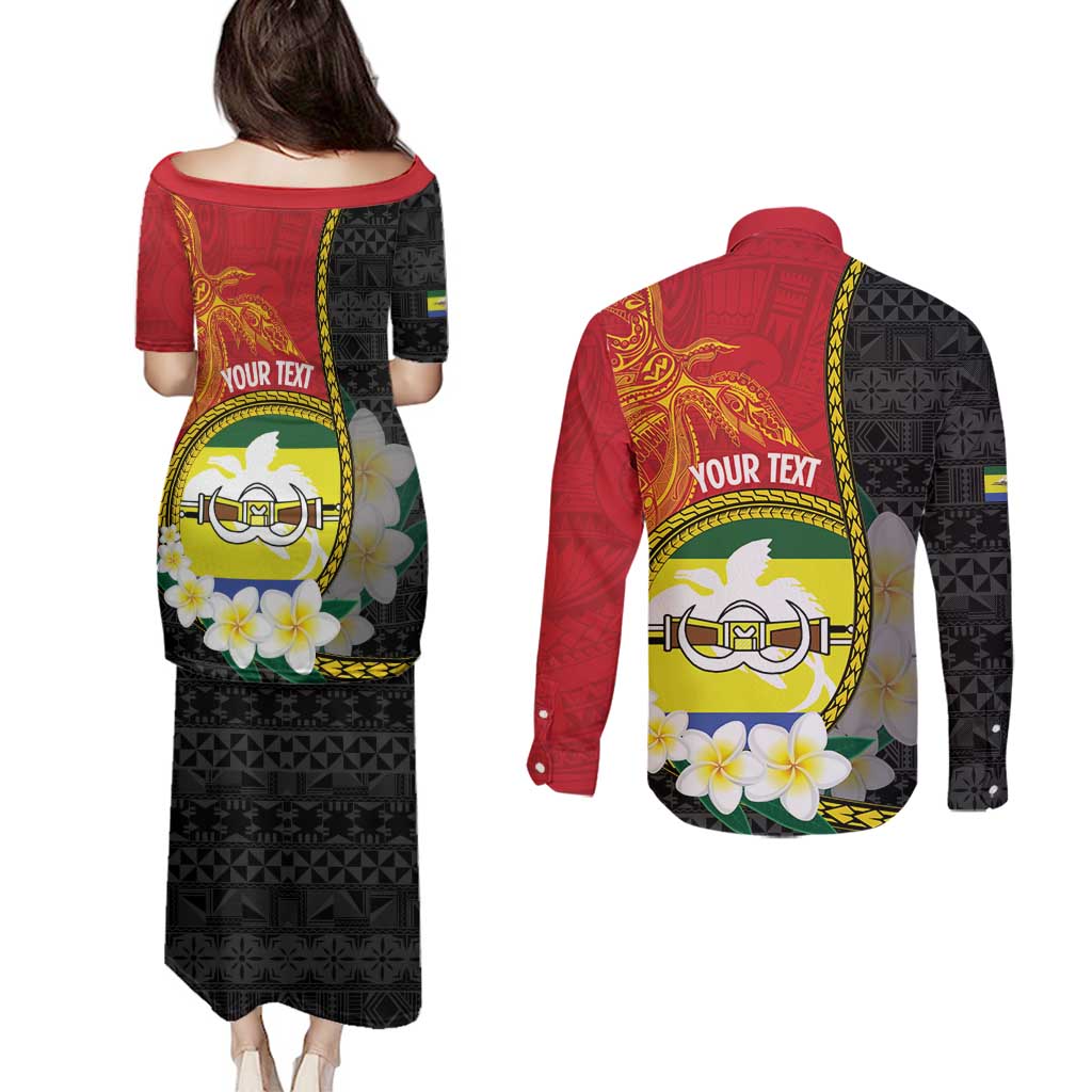 Personalised PNG Morobe Provins Couples Matching Puletasi and Long Sleeve Button Shirt Papua New Guinea Plumeria Melanesian Pattern - Polynesian Pride