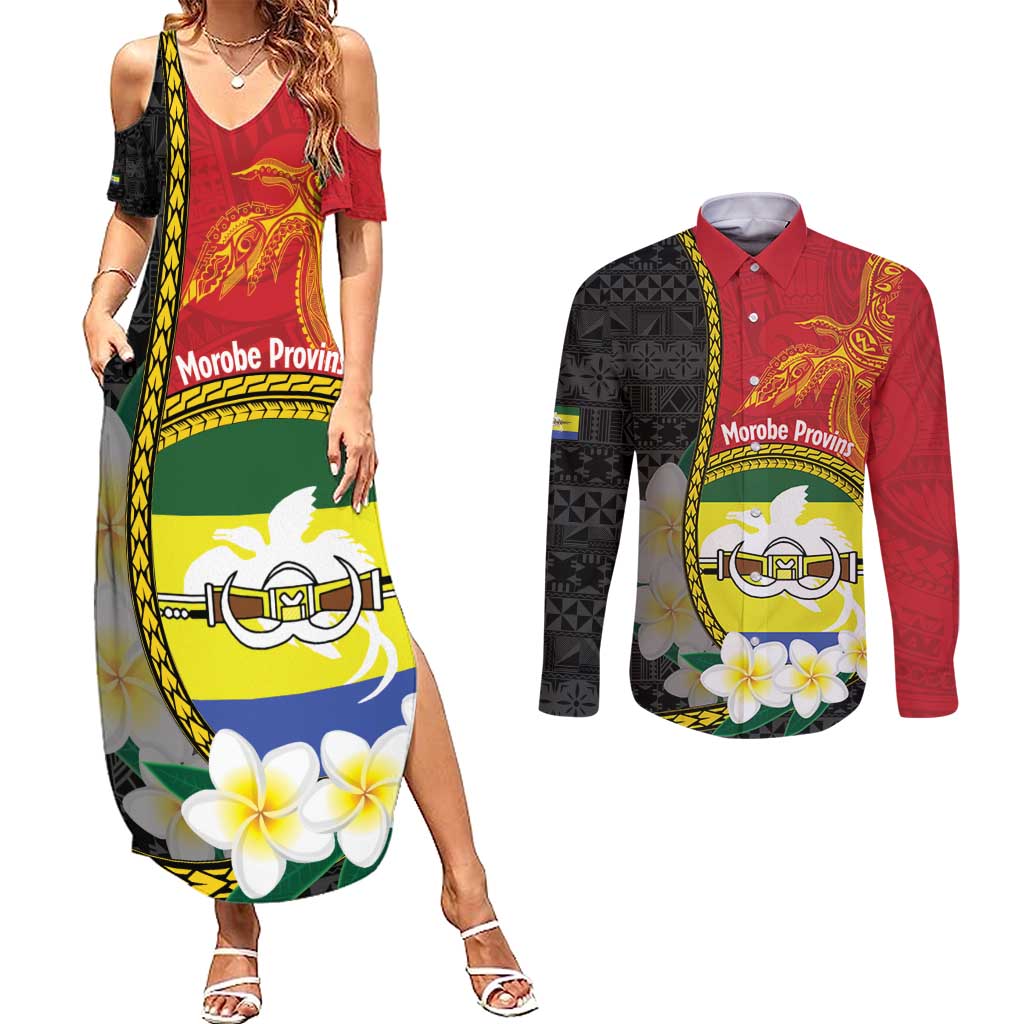 Personalised PNG Morobe Provins Couples Matching Summer Maxi Dress and Long Sleeve Button Shirt Papua New Guinea Plumeria Melanesian Pattern - Polynesian Pride