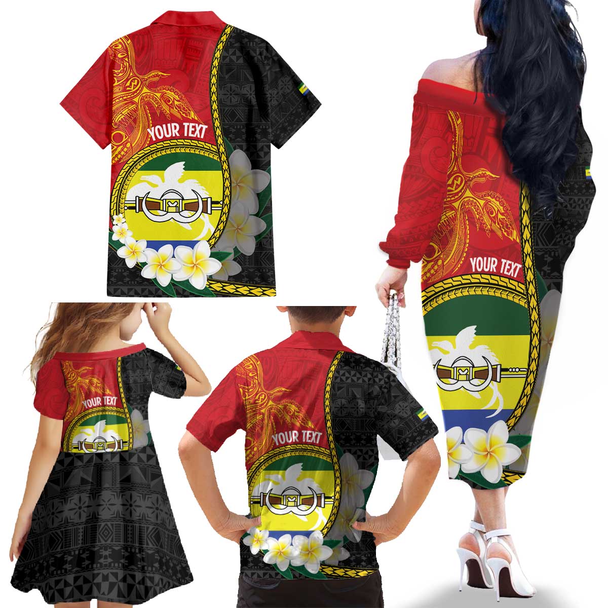 Personalised PNG Morobe Provins Family Matching Off The Shoulder Long Sleeve Dress and Hawaiian Shirt Papua New Guinea Plumeria Melanesian Pattern - Polynesian Pride