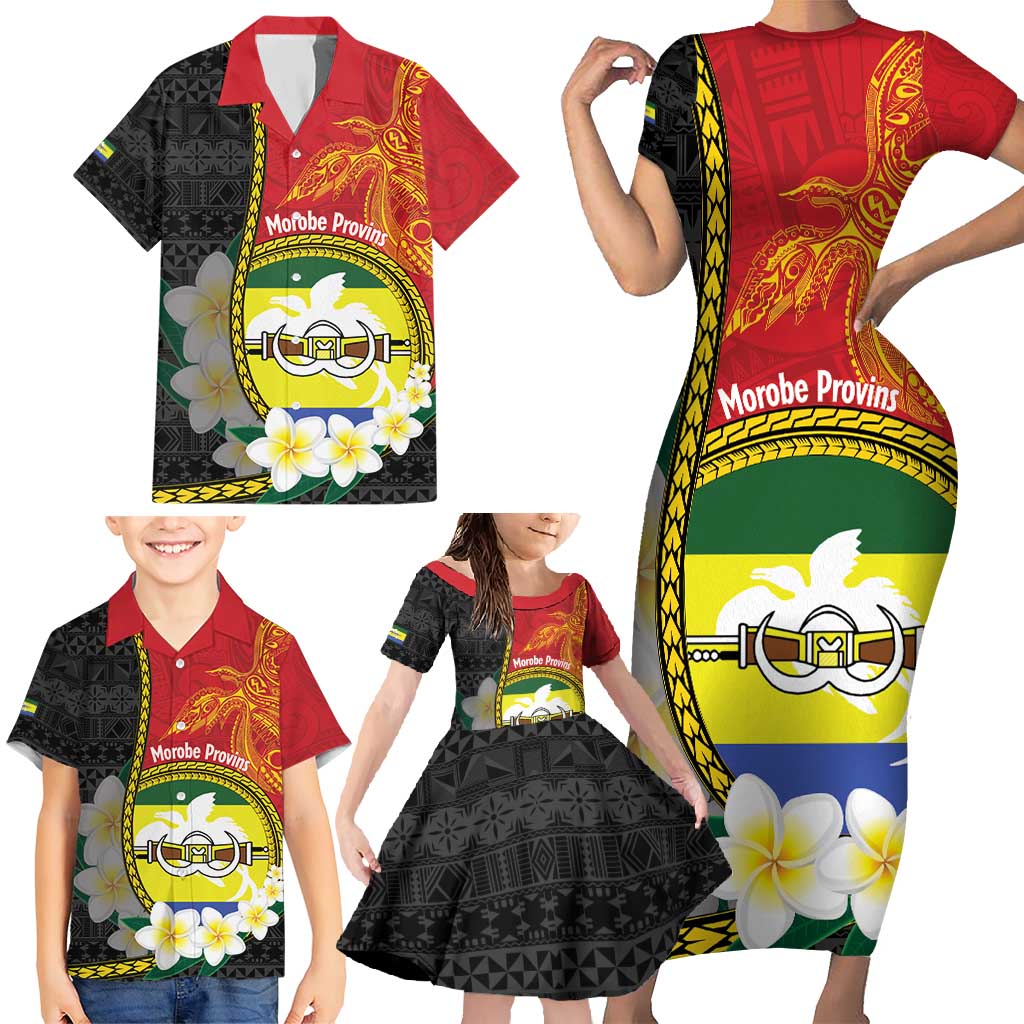 Personalised PNG Morobe Provins Family Matching Short Sleeve Bodycon Dress and Hawaiian Shirt Papua New Guinea Plumeria Melanesian Pattern - Polynesian Pride