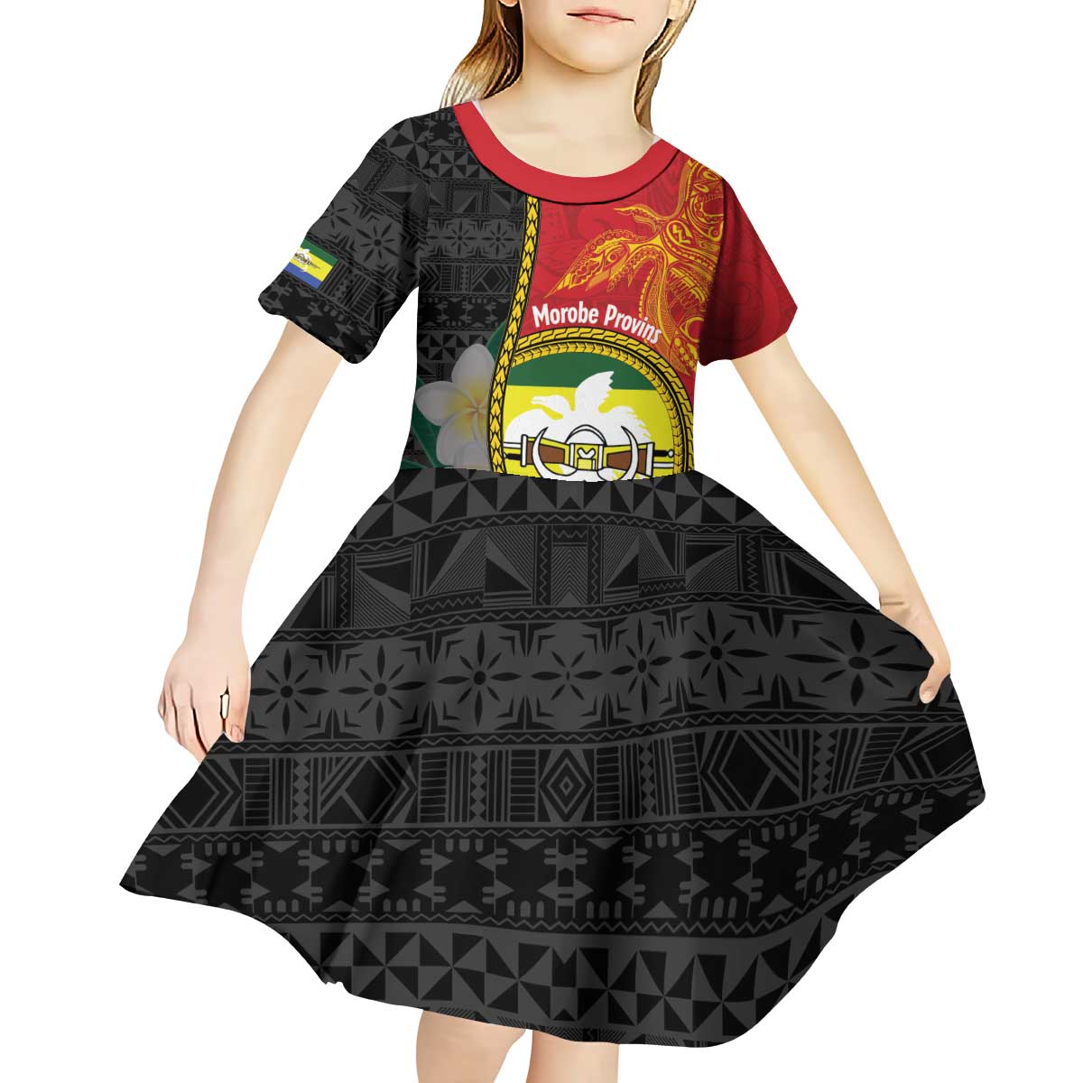 Personalised PNG Morobe Provins Kid Short Sleeve Dress Papua New Guinea Plumeria Melanesian Pattern LT14 - Polynesian Pride