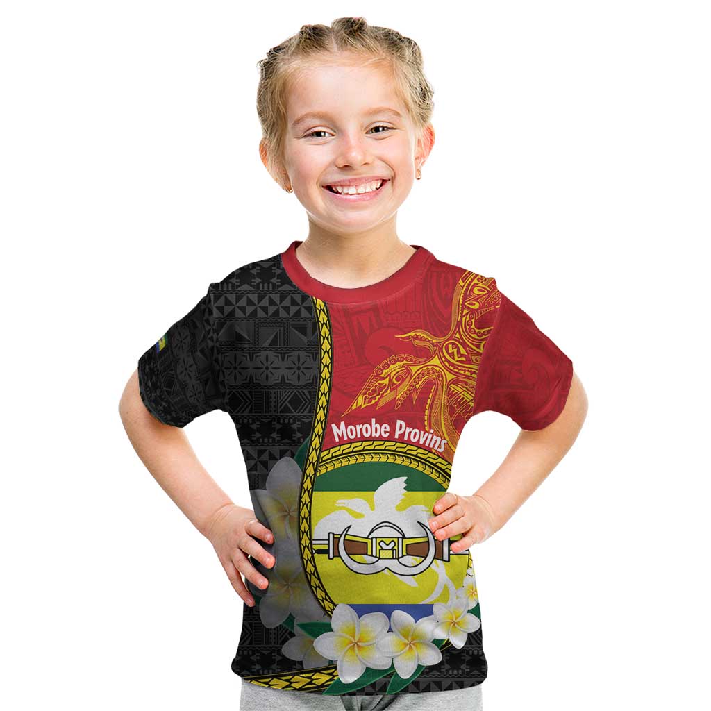 Personalised PNG Morobe Provins Kid T Shirt Papua New Guinea Plumeria Melanesian Pattern - Polynesian Pride