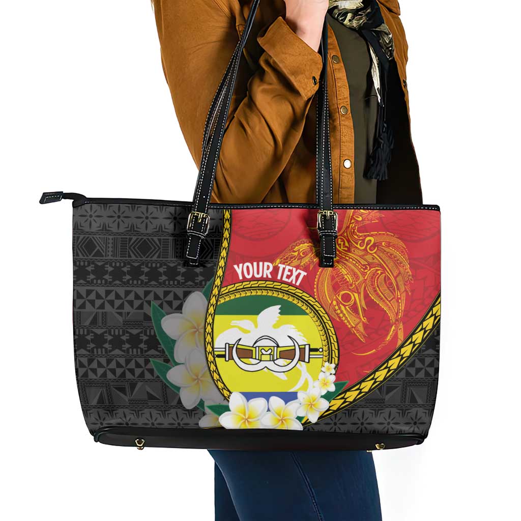 Personalised PNG Morobe Provins Leather Tote Bag Papua New Guinea Plumeria Melanesian Pattern - Polynesian Pride