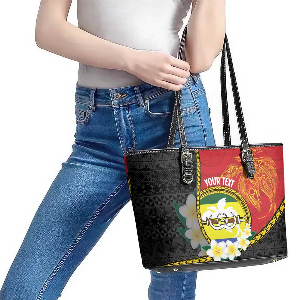 Personalised PNG Morobe Provins Leather Tote Bag Papua New Guinea Plumeria Melanesian Pattern - Polynesian Pride