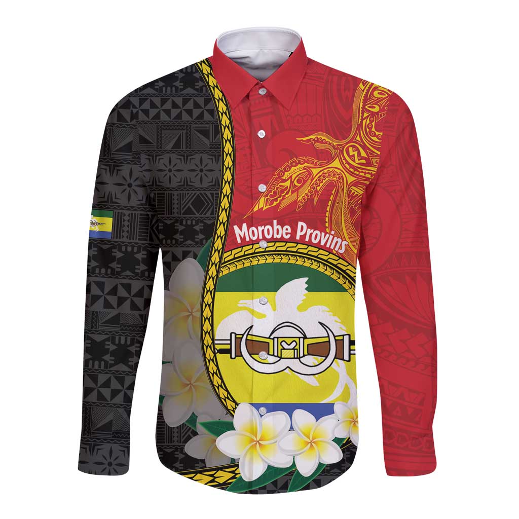 Personalised PNG Morobe Provins Long Sleeve Button Shirt Papua New Guinea Plumeria Melanesian Pattern - Polynesian Pride