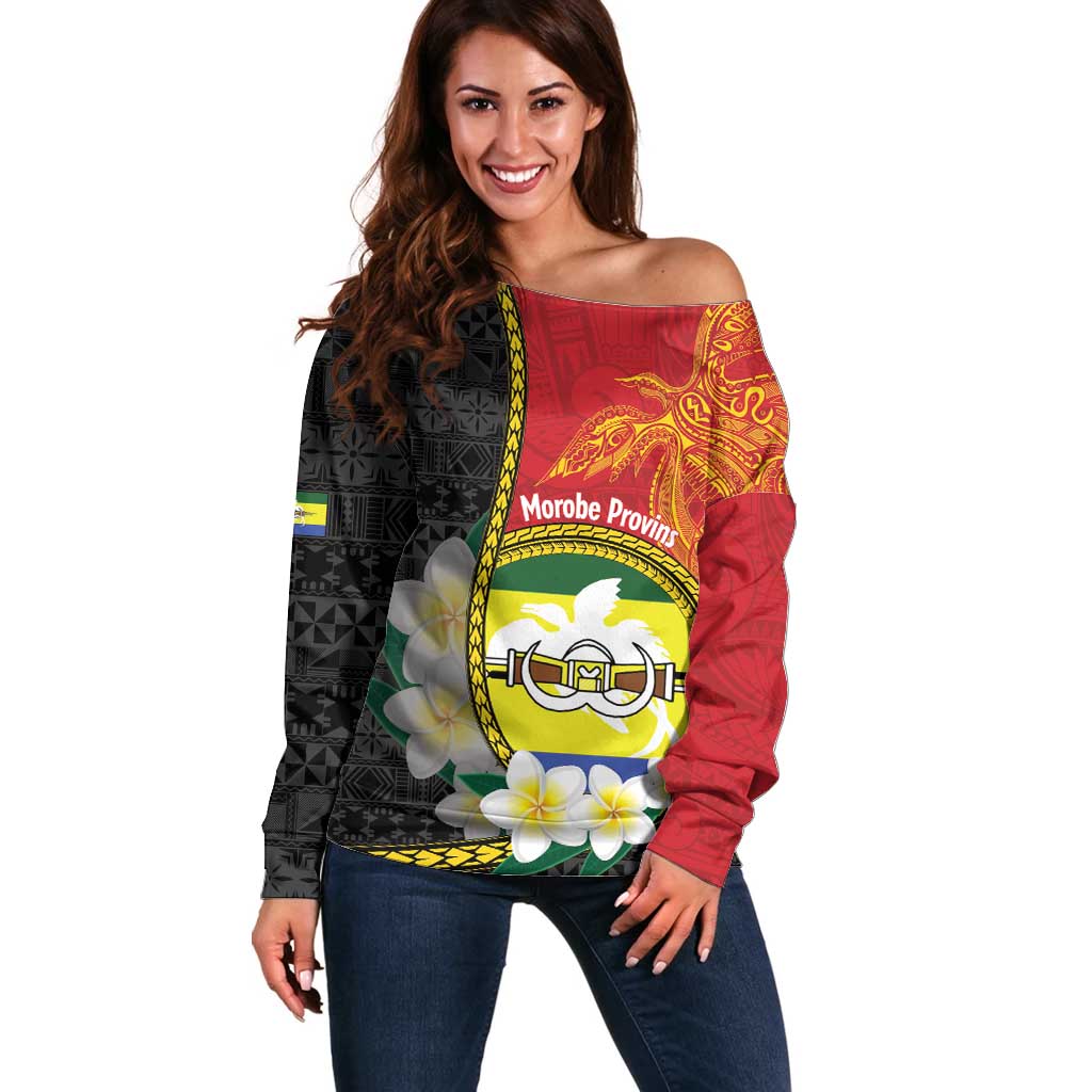 Personalised PNG Morobe Provins Off Shoulder Sweater Papua New Guinea Plumeria Melanesian Pattern - Polynesian Pride