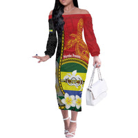 Personalised PNG Morobe Provins Off The Shoulder Long Sleeve Dress Papua New Guinea Plumeria Melanesian Pattern - Polynesian Pride