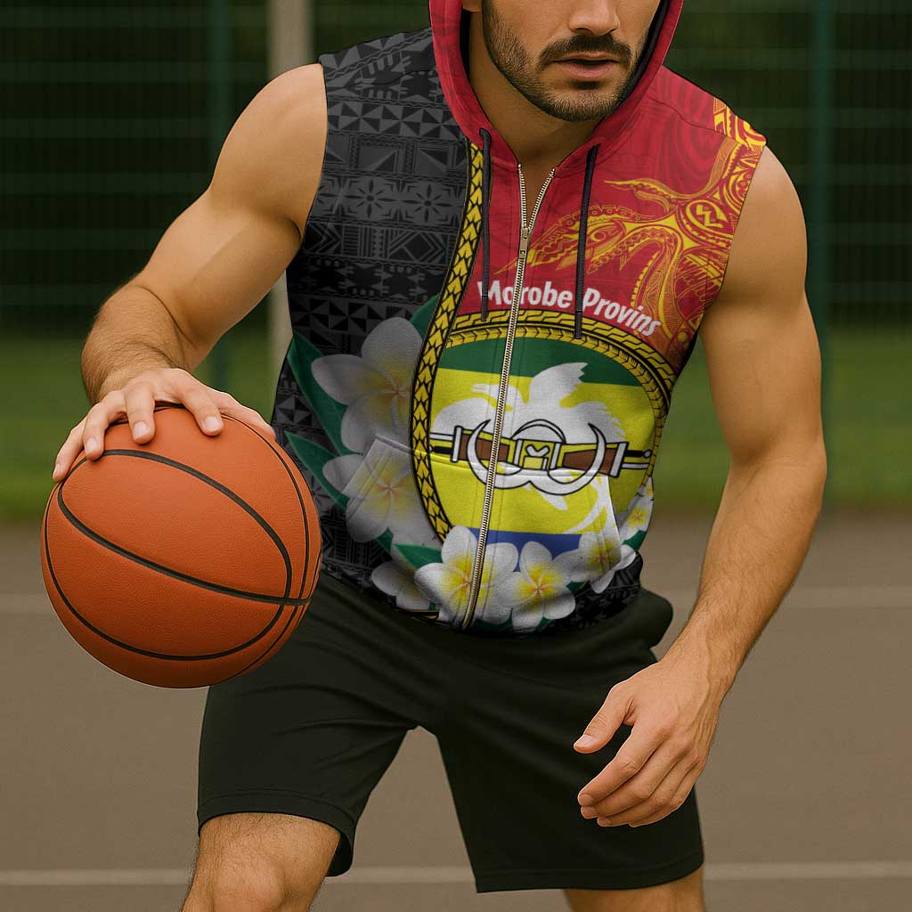 Personalised PNG Morobe Provins Sleeveless Zip Hoodie Papua New Guinea Plumeria Melanesian Pattern - Polynesian Pride