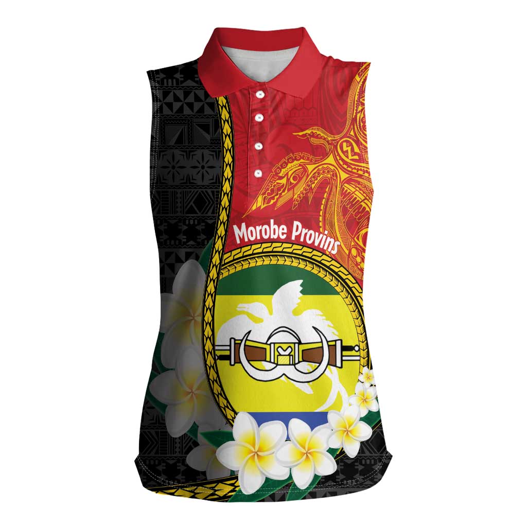 Personalised PNG Morobe Provins Women Sleeveless Polo Shirt Papua New Guinea Plumeria Melanesian Pattern - Polynesian Pride