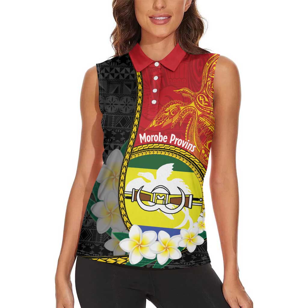 Personalised PNG Morobe Provins Women Sleeveless Polo Shirt Papua New Guinea Plumeria Melanesian Pattern - Polynesian Pride