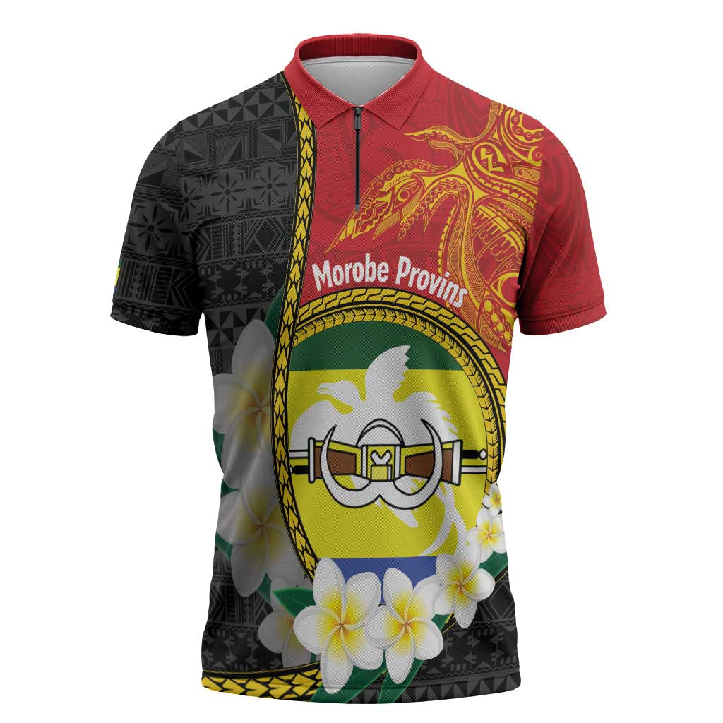 Personalised PNG Morobe Provins Zipper Polo Shirt Papua New Guinea Plumeria Melanesian Pattern - Polynesian Pride