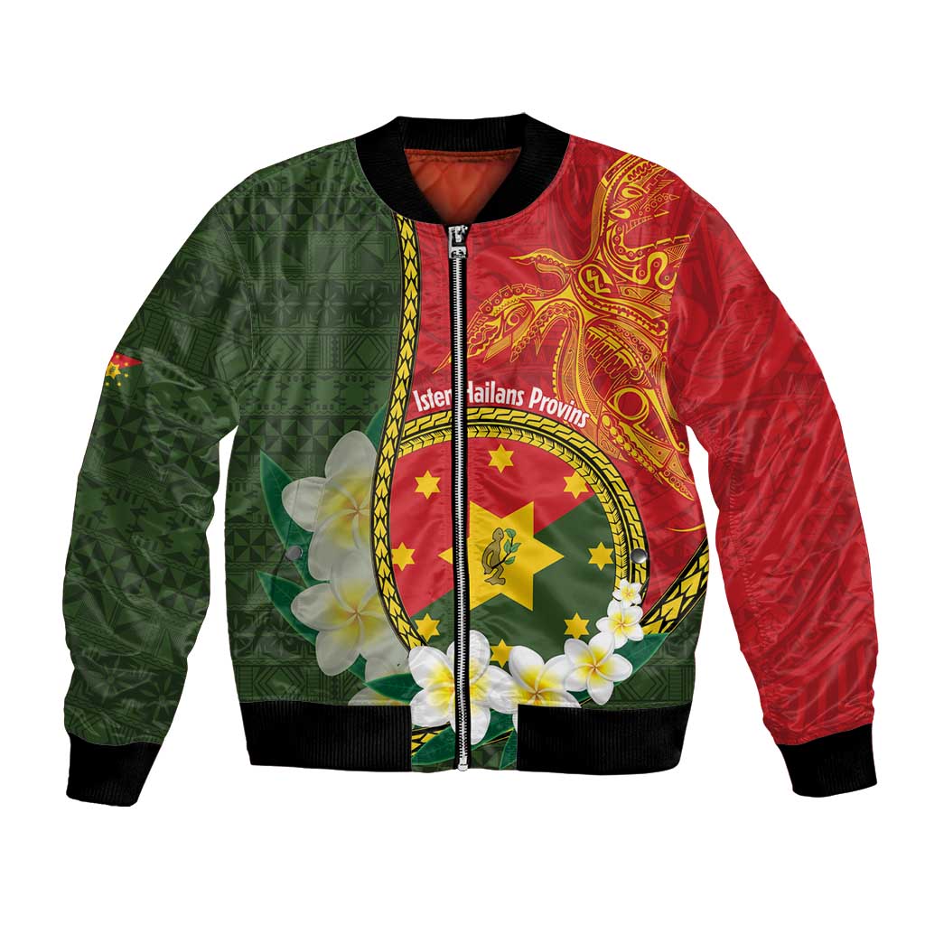 Personalised PNG Isten Hailans Provins Bomber Jacket Papua New Guinea Plumeria Melanesian Pattern - Polynesian Pride