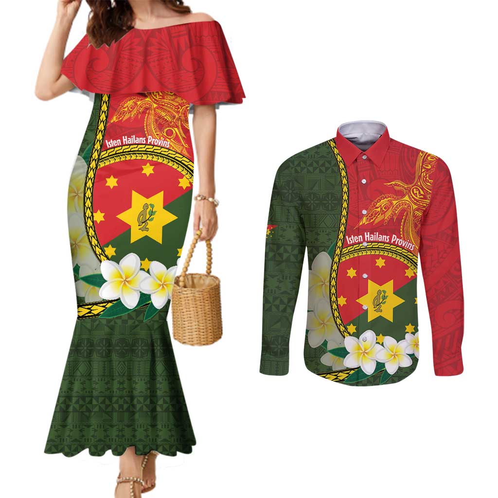 Personalised PNG Isten Hailans Provins Couples Matching Mermaid Dress and Long Sleeve Button Shirt Papua New Guinea Plumeria Melanesian Pattern - Polynesian Pride