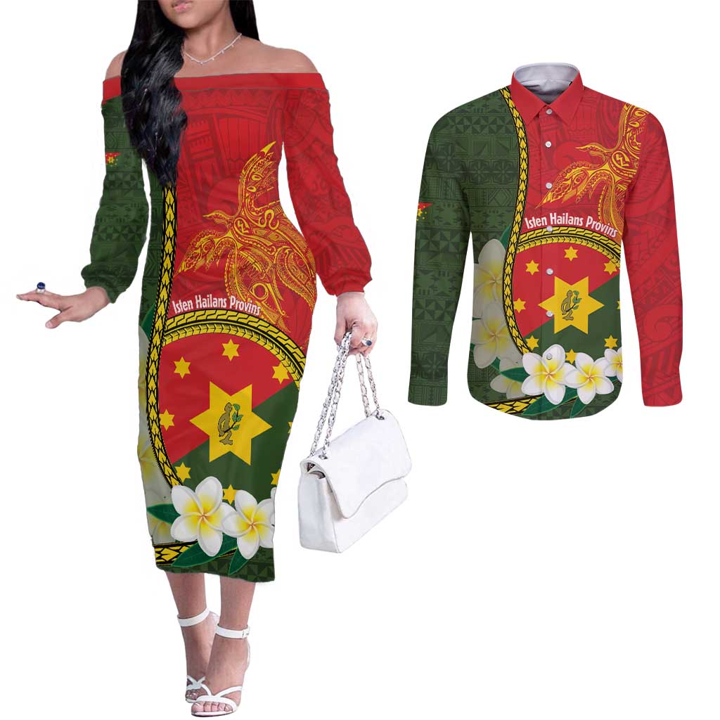 Personalised PNG Isten Hailans Provins Couples Matching Off The Shoulder Long Sleeve Dress and Long Sleeve Button Shirt Papua New Guinea Plumeria Melanesian Pattern - Polynesian Pride