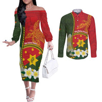 Personalised PNG Isten Hailans Provins Couples Matching Off The Shoulder Long Sleeve Dress and Long Sleeve Button Shirt Papua New Guinea Plumeria Melanesian Pattern - Polynesian Pride