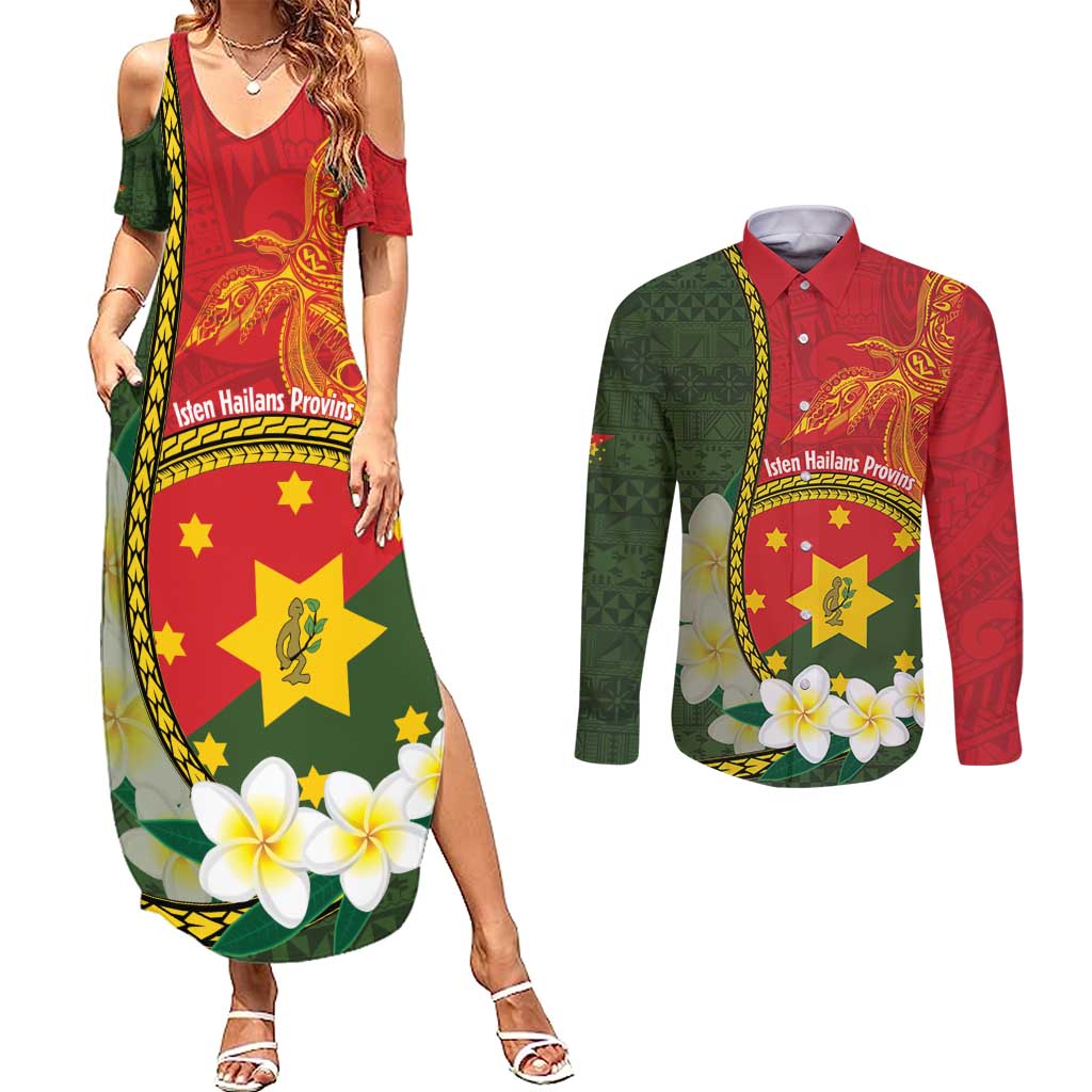 Personalised PNG Isten Hailans Provins Couples Matching Summer Maxi Dress and Long Sleeve Button Shirt Papua New Guinea Plumeria Melanesian Pattern - Polynesian Pride