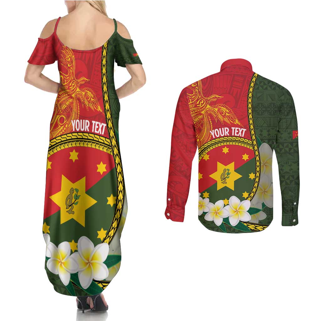 Personalised PNG Isten Hailans Provins Couples Matching Summer Maxi Dress and Long Sleeve Button Shirt Papua New Guinea Plumeria Melanesian Pattern - Polynesian Pride