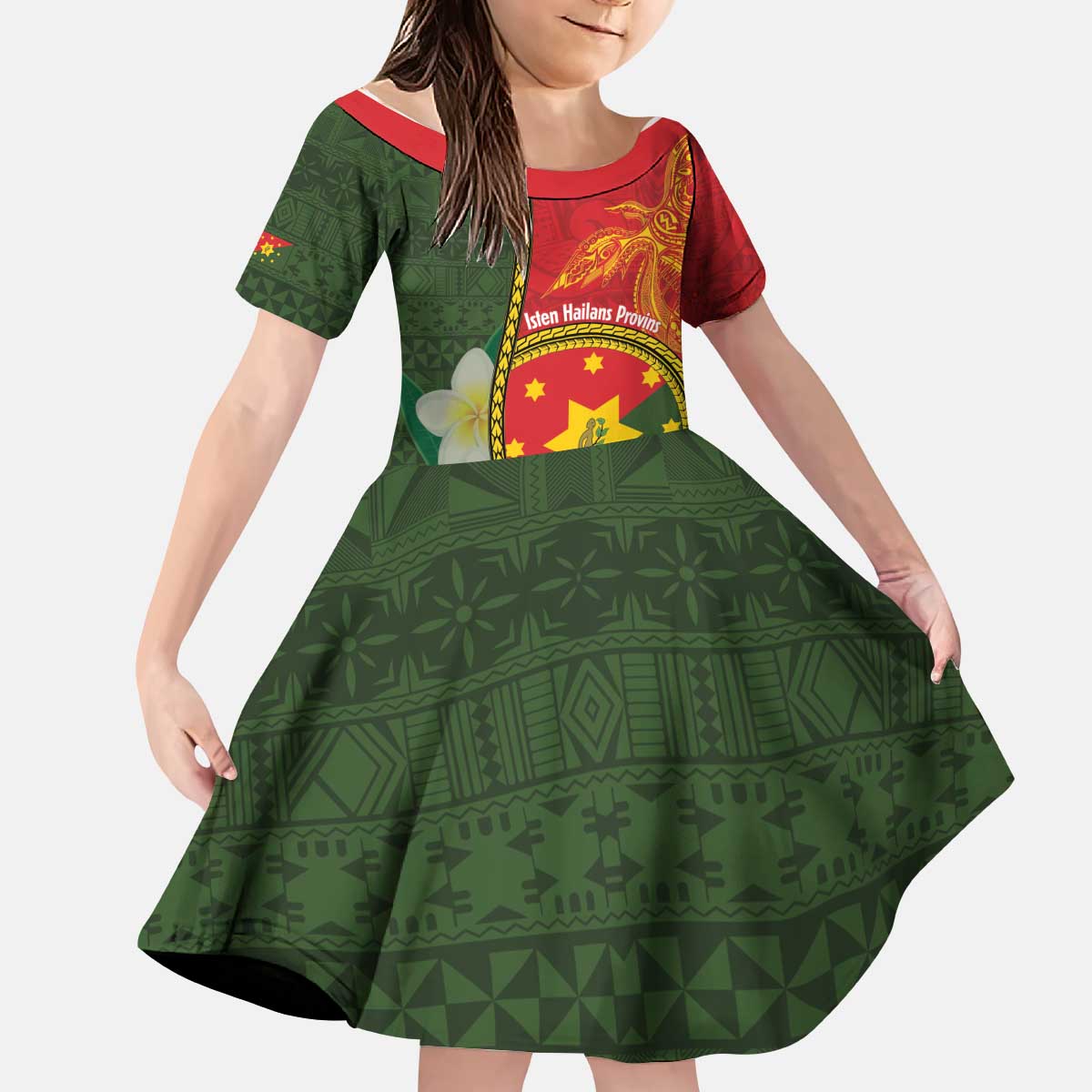 Personalised PNG Isten Hailans Provins Kid Short Sleeve Dress Papua New Guinea Plumeria Melanesian Pattern - Polynesian Pride