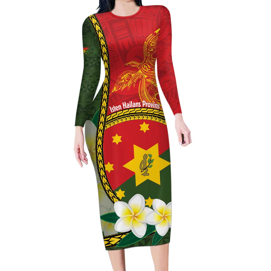 Personalised PNG Isten Hailans Provins Long Sleeve Bodycon Dress Papua New Guinea Plumeria Melanesian Pattern - Polynesian Pride