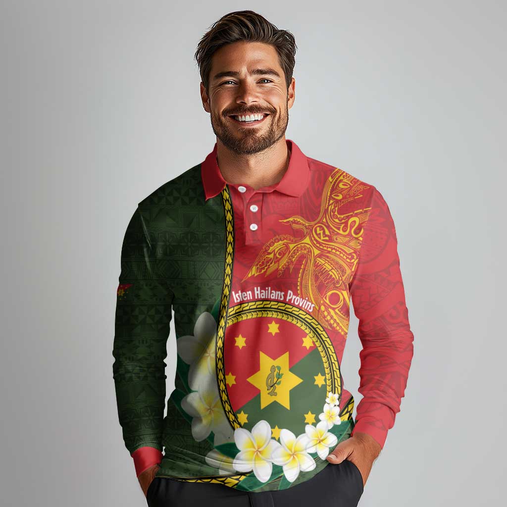 Personalised PNG Isten Hailans Provins Long Sleeve Polo Shirt Papua New Guinea Plumeria Melanesian Pattern - Polynesian Pride